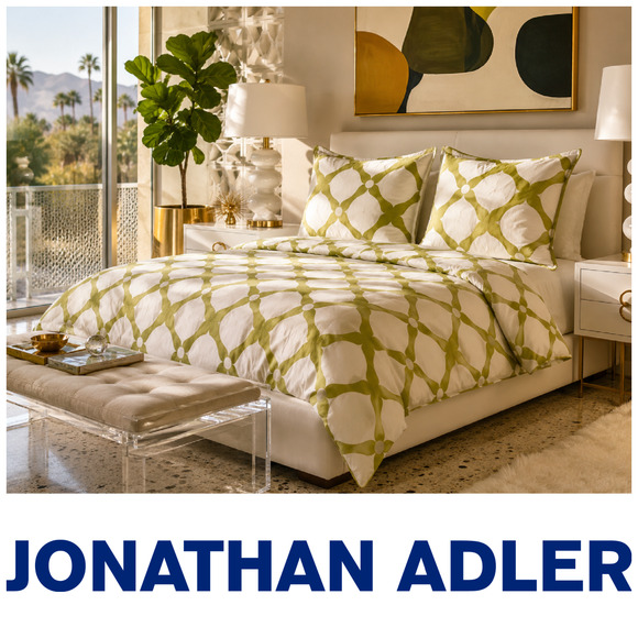 Jonathan Adler Other - Vtg Y2K Jonathan Adler King Duvet Cover Set 2 Euro Shams Green White Geometric